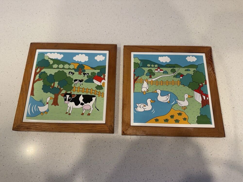 2 Vintage Tile Framed Cow And Duck Trivets Wall Decor Country Farm Cottagecore